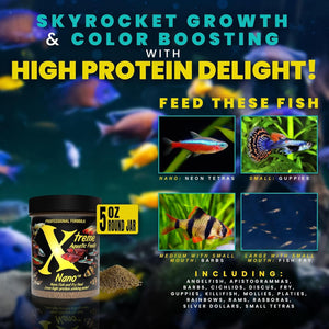 Advertisement for Xtreme Nano fish food with text about growth, color boosting, and protein content, set against an aquarium background with fish images at Pet Servo