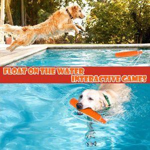 Two dogs playing with orange toys in a pool, with text promoting interactive games at Pet Servo