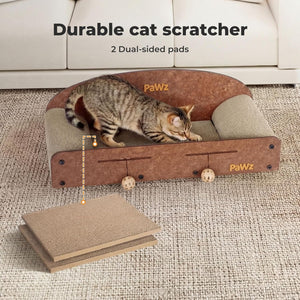 A cat sits on a brown and beige cat bed with wooden scratching posts, shown in a living room setting with a sofa in the background. Text overlays read 'Durable catScratcher' and '2 Dual-sided pads' at Pet Servo