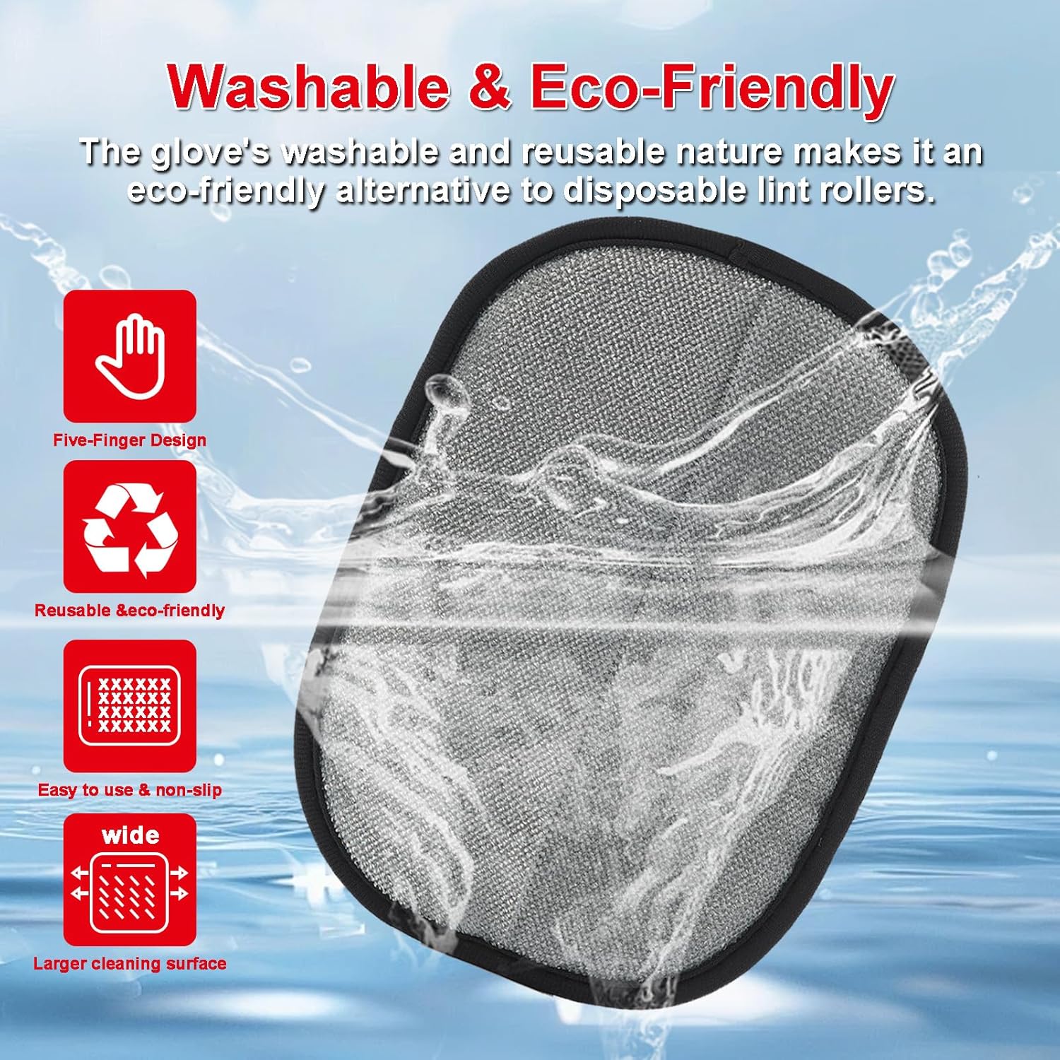 Eco-friendly cleaning glove with water droplets and text highlighting its features at Pet Servo