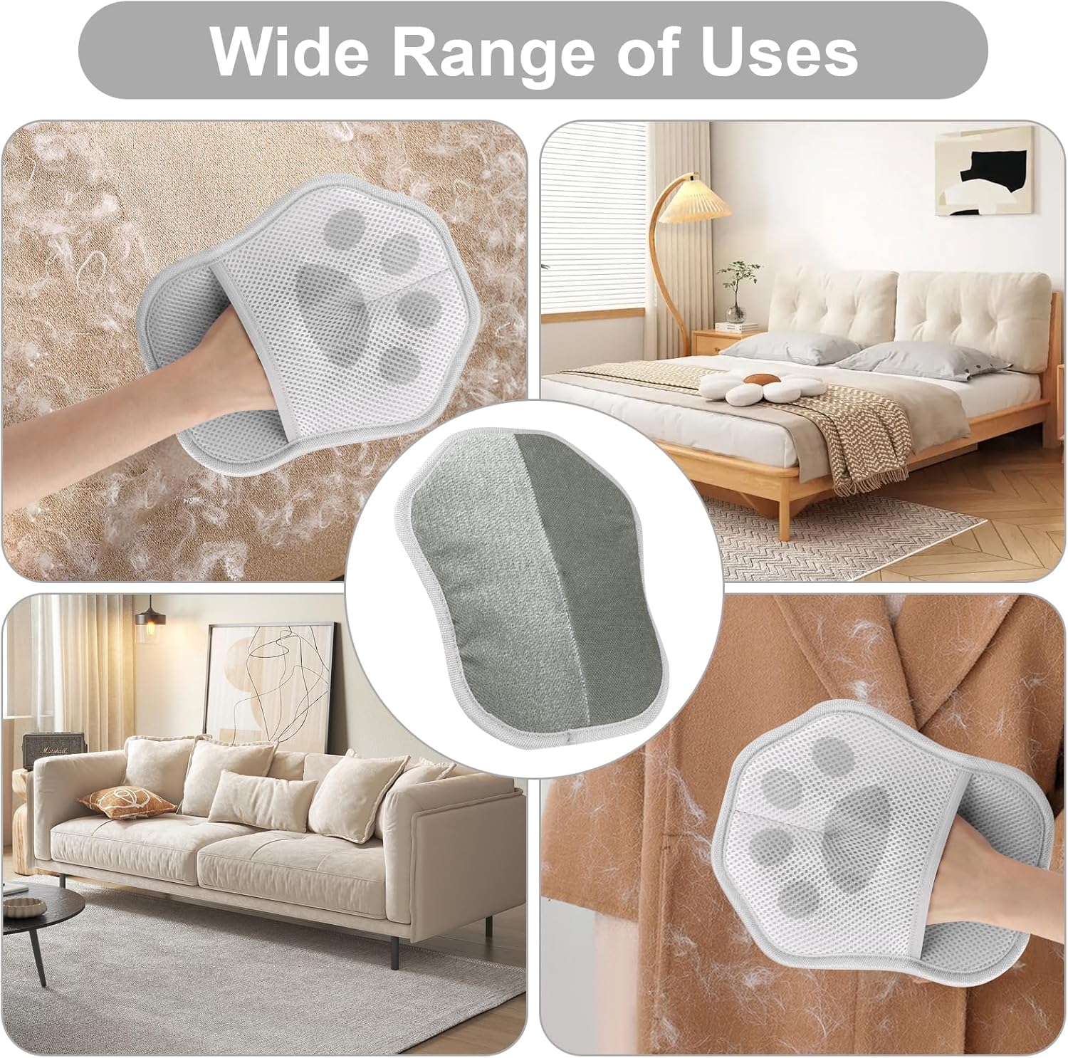 Collage of a paw-shaped cleaning pad being used on various surfaces including a marble floor, bed, sofa, and carpet at Pet Servo