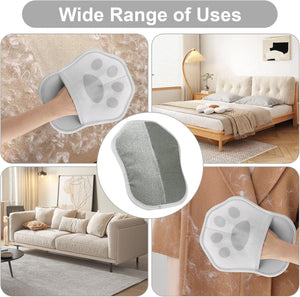 Collage of a paw-shaped cleaning pad being used on various surfaces including a marble floor, bed, sofa, and carpet at Pet Servo