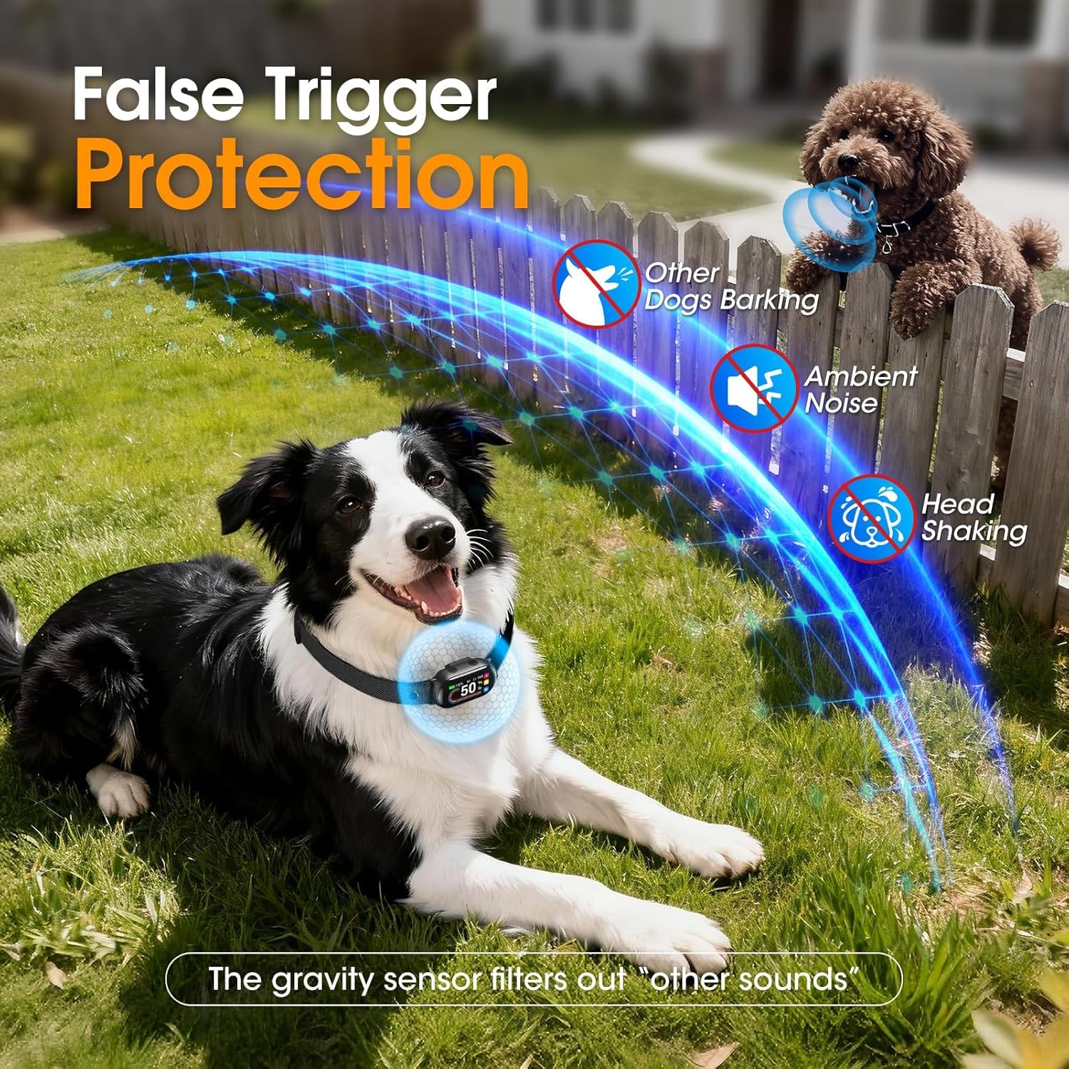 Dog wearing a collar with false trigger protection feature, lying on grass with a fence and another dog in the background at Pet Servo