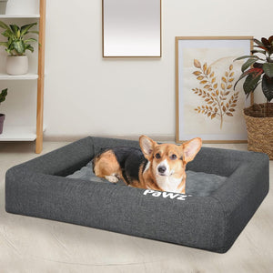 Dog lying on a gray 'PaWz' branded pet bed in a room with plants and decor at Pet Servo