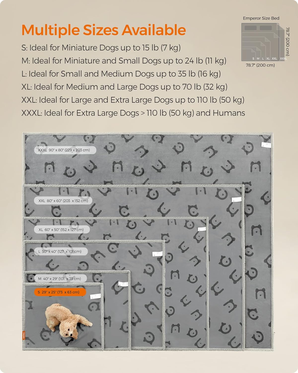 Dog bed with size chart indicating ideal dog weight ranges for different sizes at Pet Servo