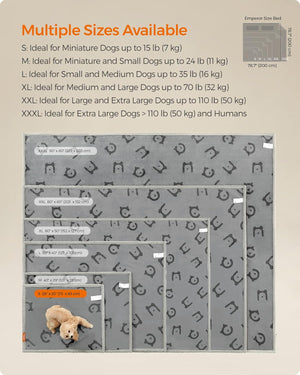 Dog bed with size chart indicating ideal dog weight ranges for different sizes at Pet Servo