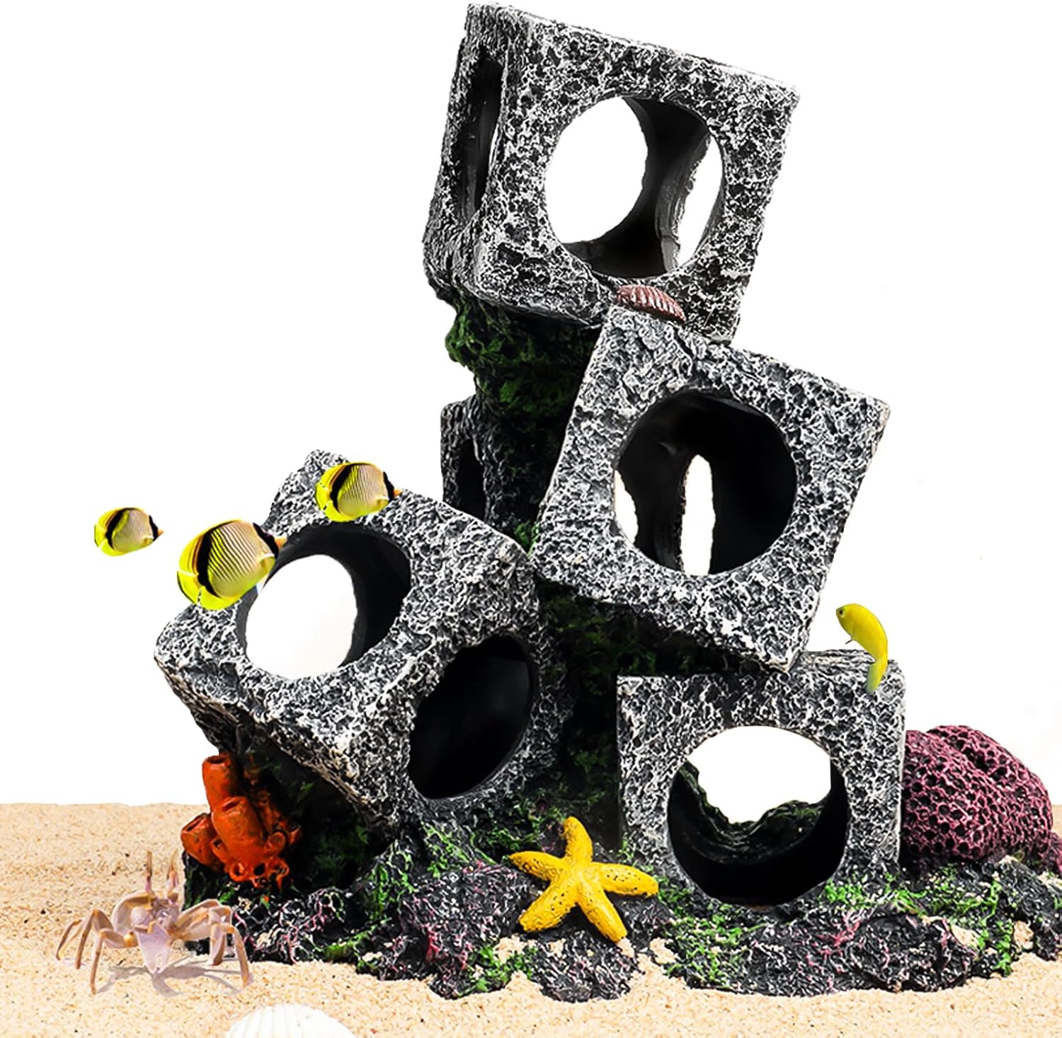 Stack of aquarium rocks with fish and coral on a white background at Pet Servo