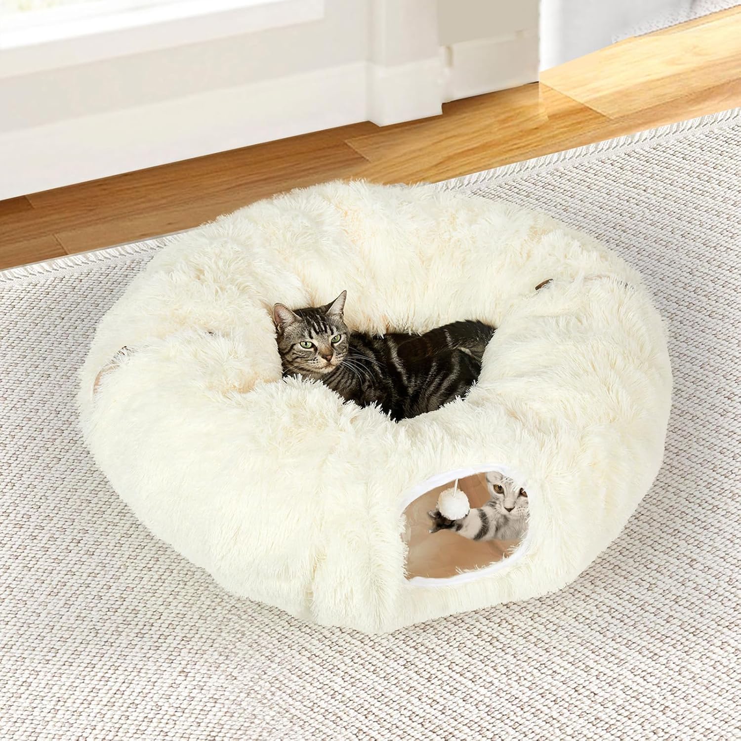 PaWz - Large Cat Tunnel Bed with Central Soft Mat, Fluffy Cat Cave Donut Tunnel at Pet Servo