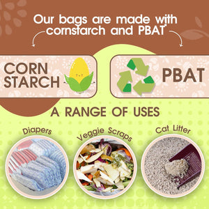 Product packaging with corn starch and PBAT labels, showing uses for diapers, veggie scraps, and cat litter.