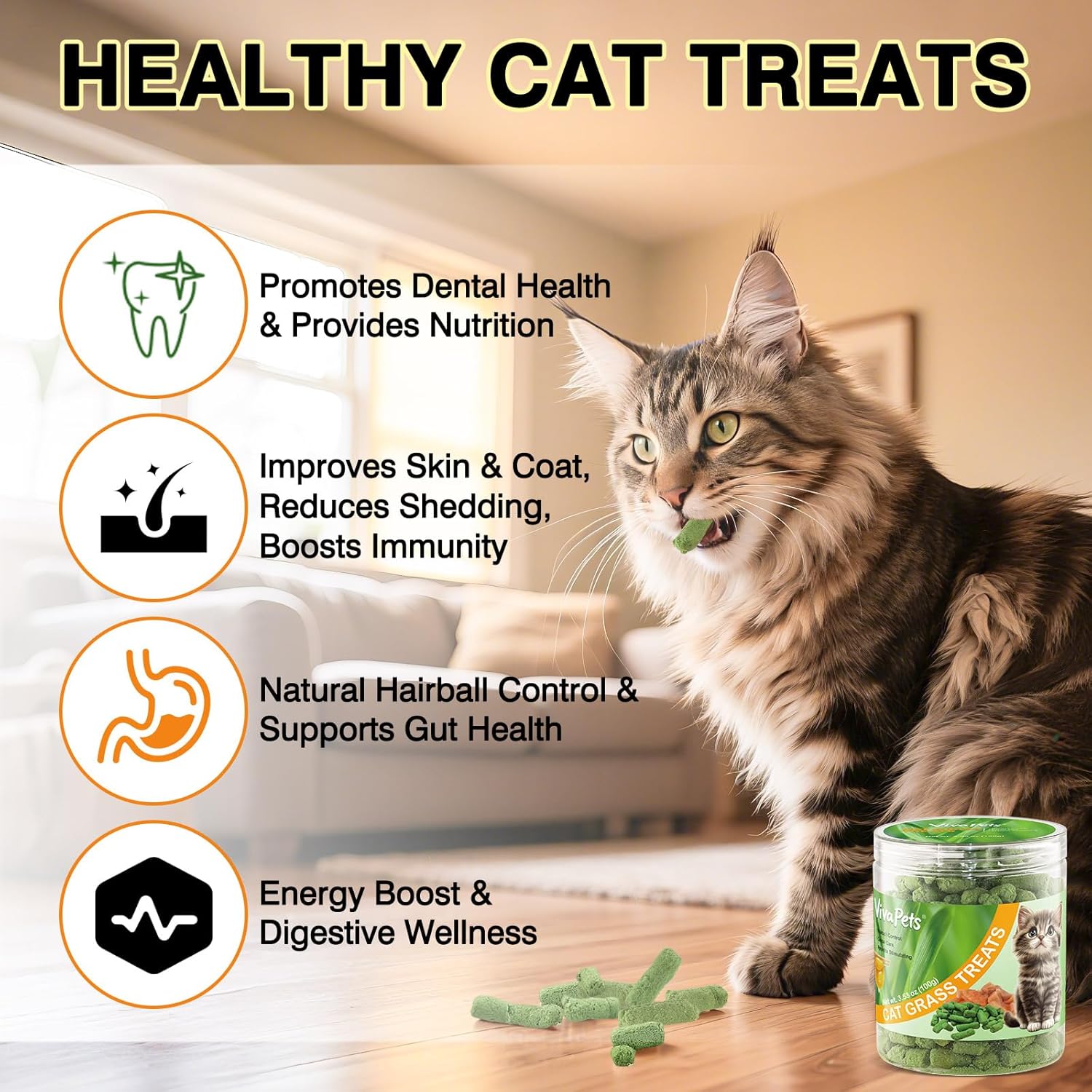Cat eating healthy treats with promotional text about benefits on a light background at Pet Servo