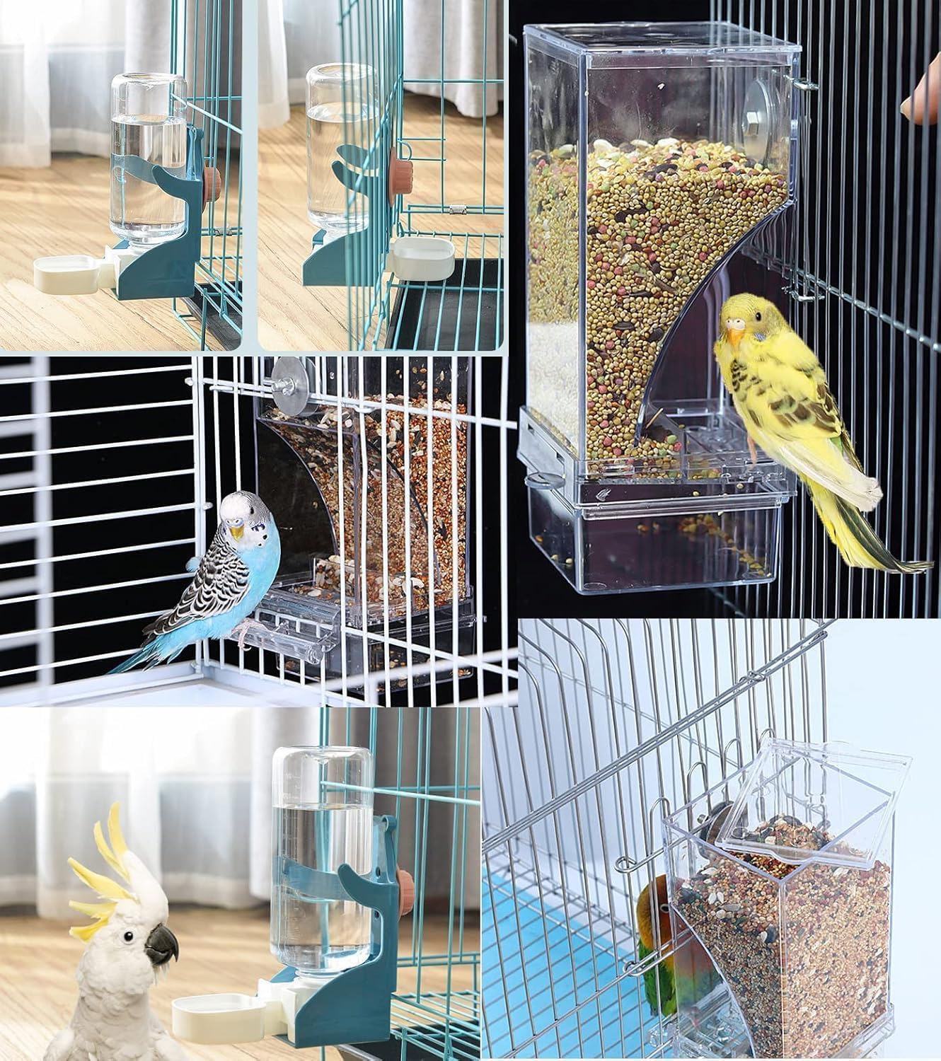 Collage of birdcages with bird feeders and birds inside at Pet Servo