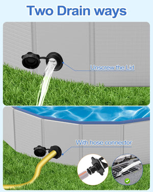 Illustration showing two methods of draining a pool with hose connectors at Pet Servo