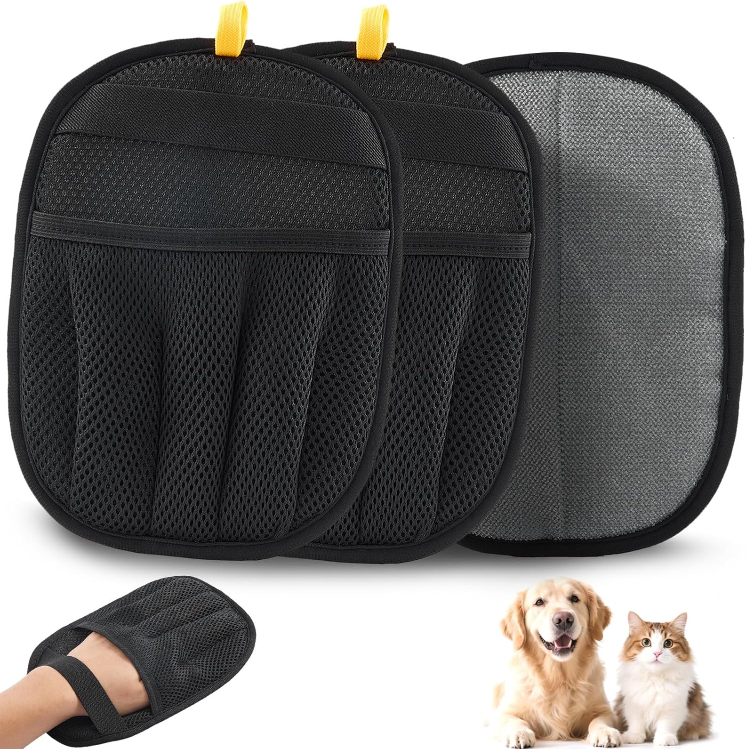 Three black mesh car seat covers with a foot scrubber and two pets on a white background at Pet Servo