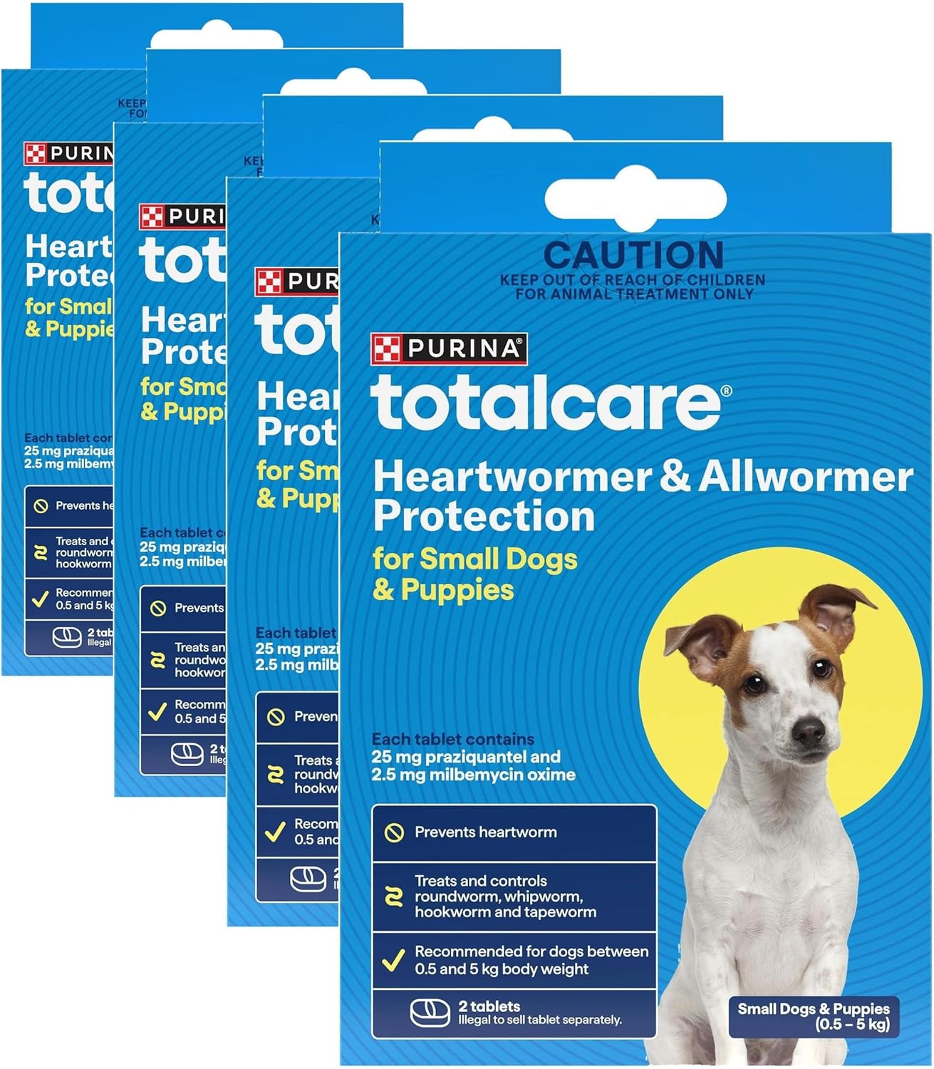 Multiple packages of Purina Totalcare heartworm and allwormer protection for small dogs and puppies on a white background at Pet Servo