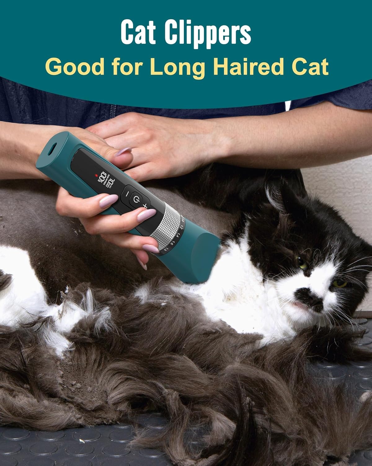 Person using cat clippers on a long-haired cat with text indicating they are good for long-haired cats at Pet Servo