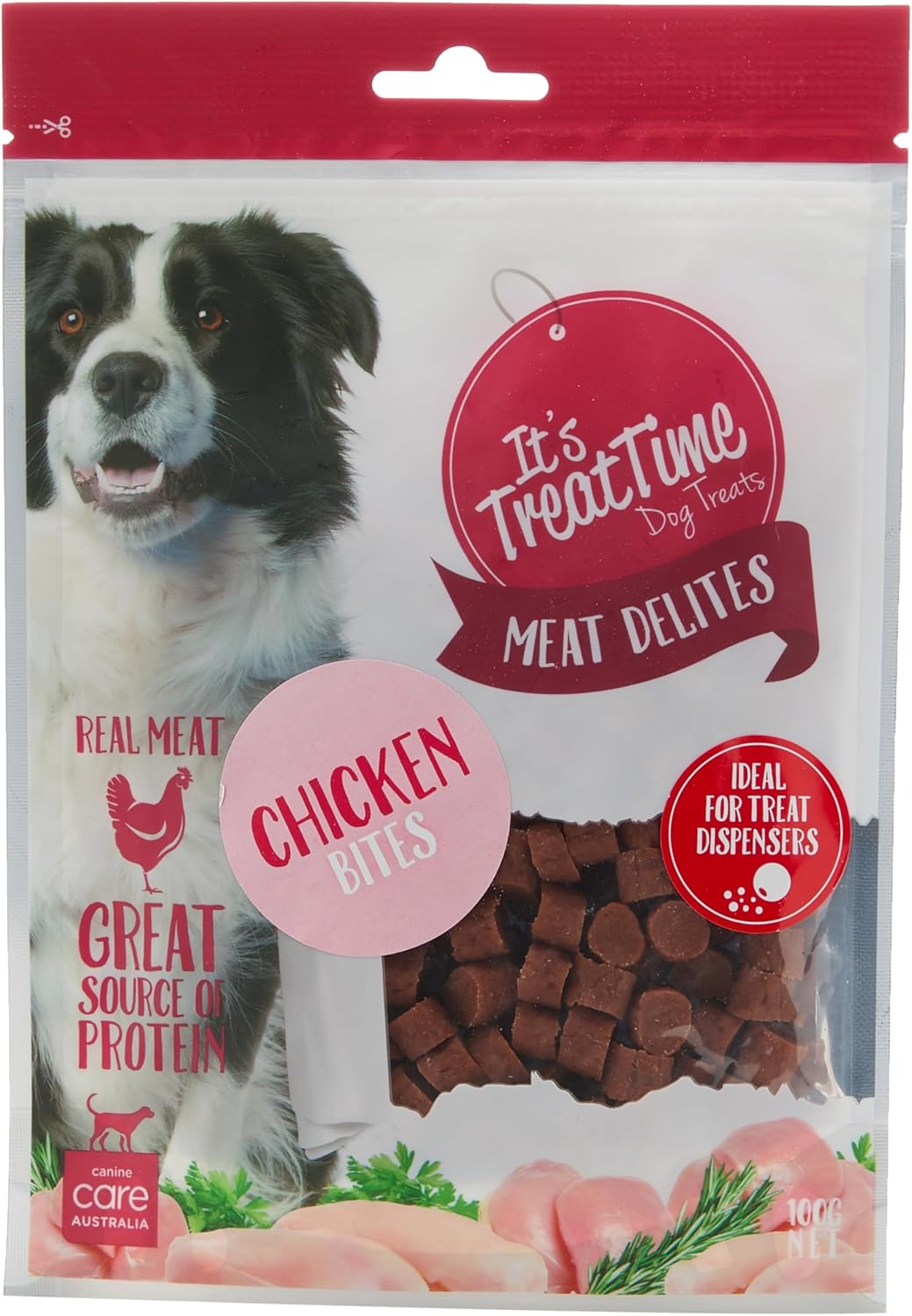 Dog treat package with a smiling dog, 'It's Treat Time' branding, and chicken bites illustration at Pet Servo