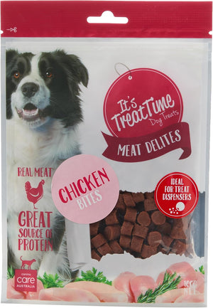 Dog treat package with a smiling dog, 'It's Treat Time' branding, and chicken bites illustration at Pet Servo