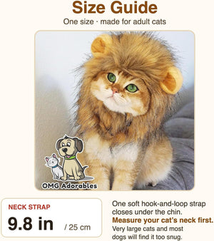 Size guide graphic for an adult cat neck lion costume. Features a photo of a fluffy orange tabby cat wearing the costume, with text stating 'One size - made for adult cats' and 'NECK STRAP 9 at Pet Servo