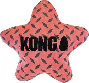 A star-shaped dog toy in coral pink corduroy fabric with a black diamond pattern and a large black KONG logo across the center, shown on a plain white background at Pet Servo