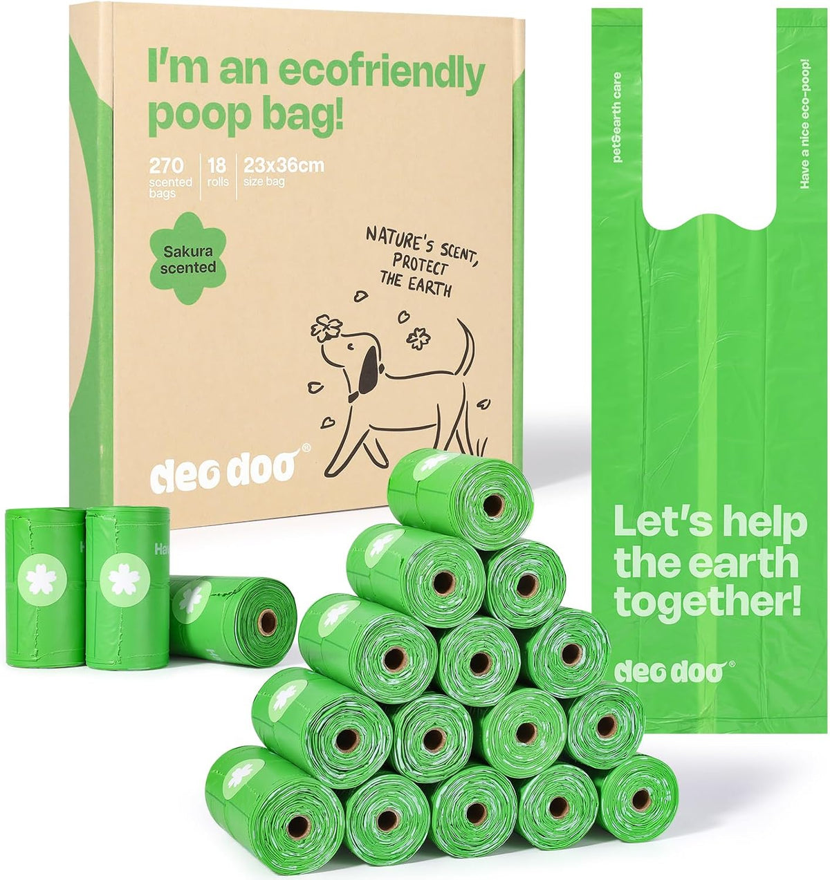 Green eco-friendly poop bags with packaging and text on a white background at Pet Servo
