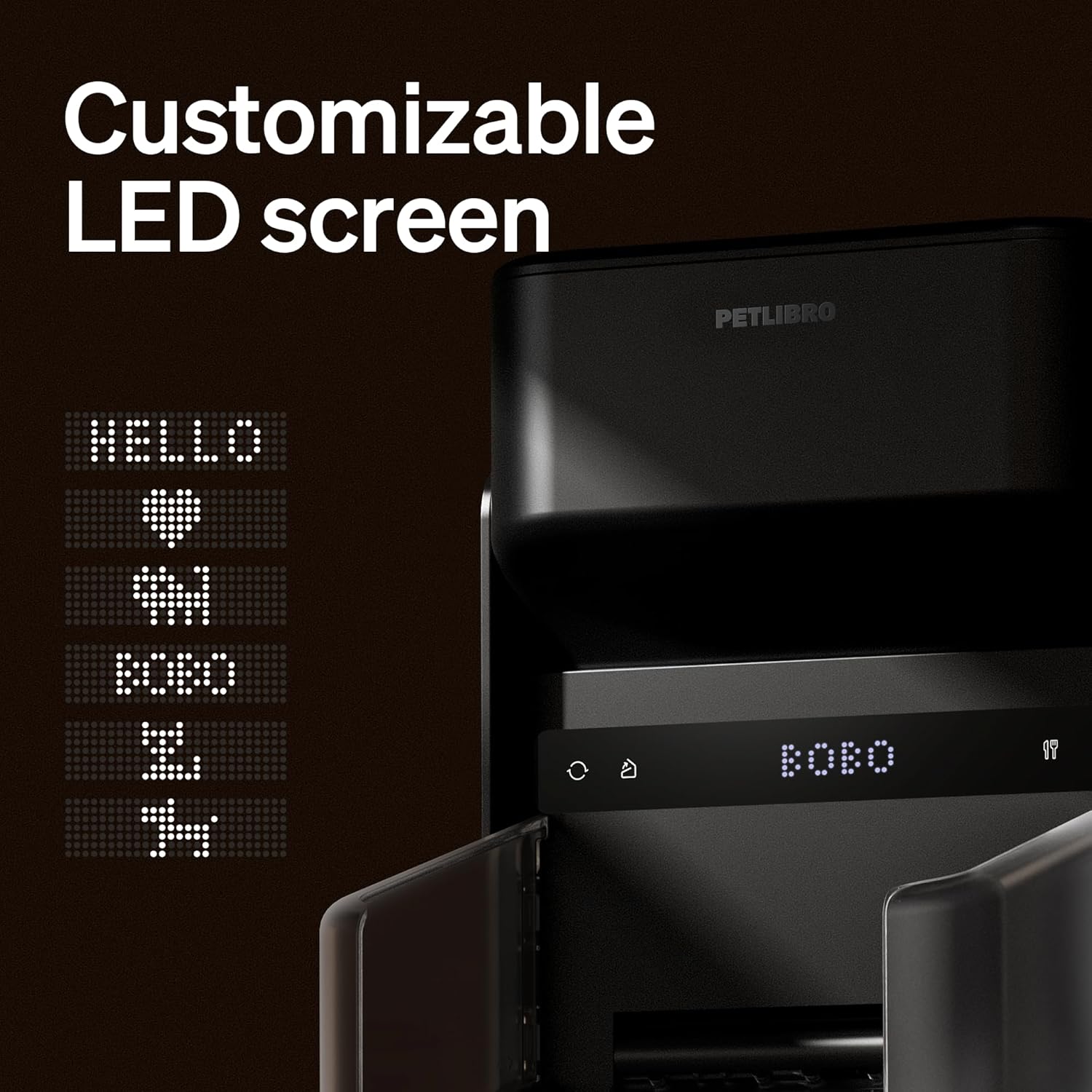 Customizable LED screen with text display on a black background at Pet Servo