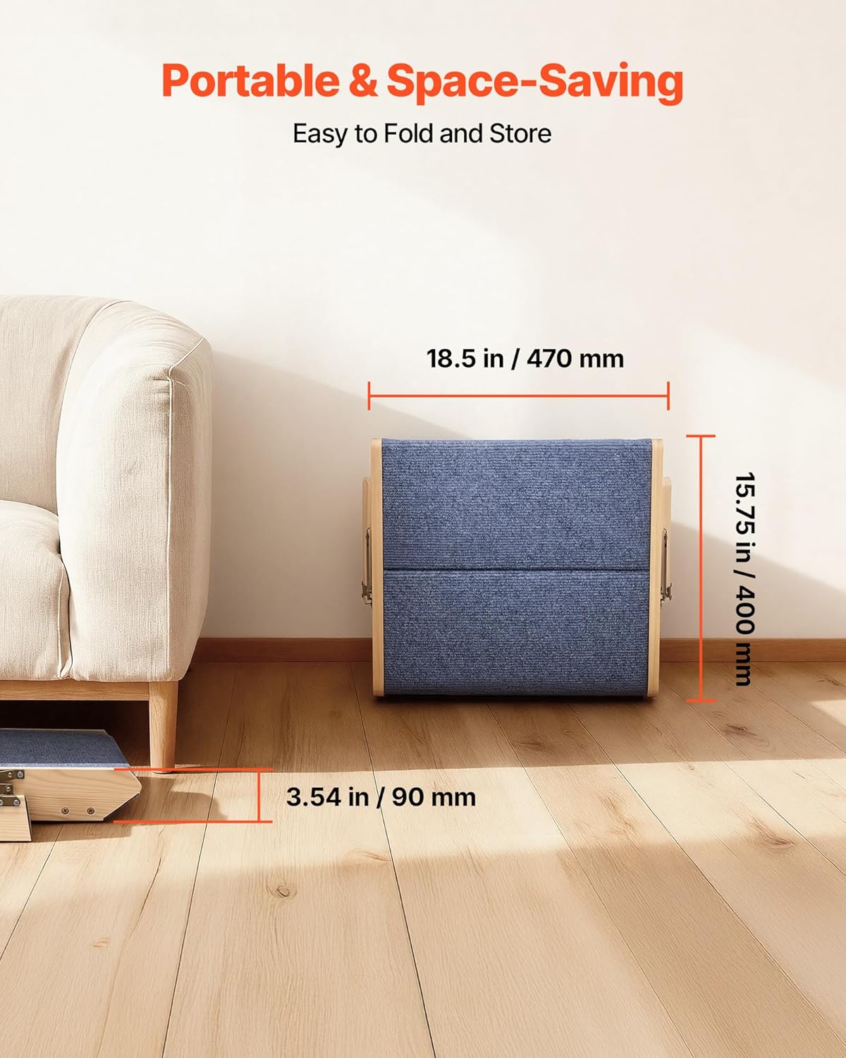 Blue storage cube with dimensions labeled, placed against a white wall with a beige couch at Pet Servo