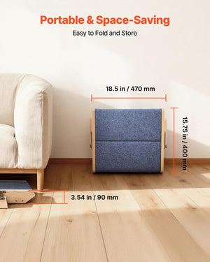 Blue storage cube with dimensions labeled, placed against a white wall with a beige couch at Pet Servo