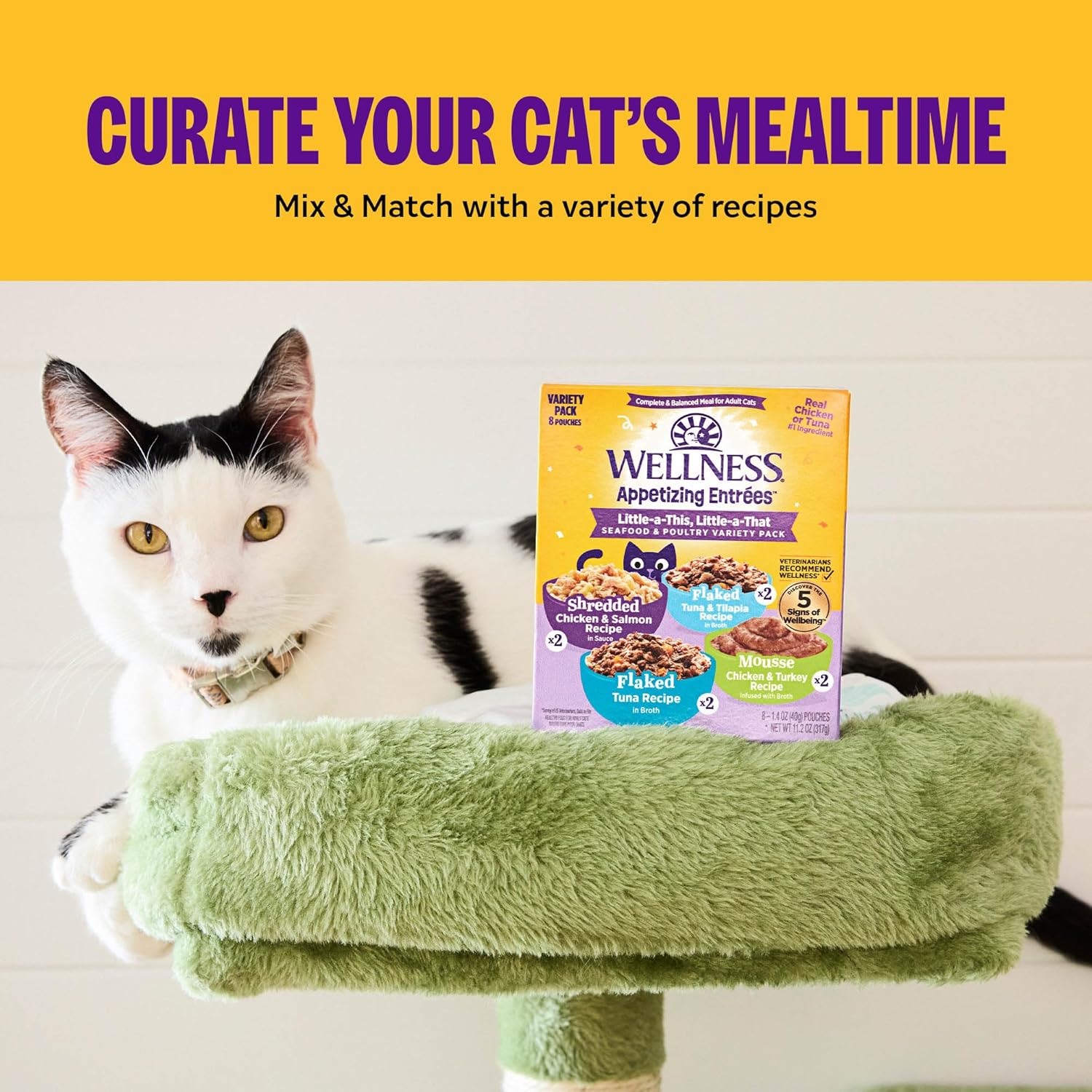 Cat sitting on a green cat tree with Wellness cat food packaging next to it, against a yellow background with text about curating a cat's mealtime at Pet Servo