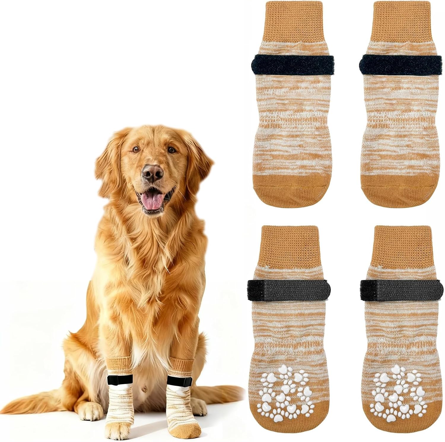 Dog wearing brown and white patterned dog socks with paw protection on a white background at Pet Servo