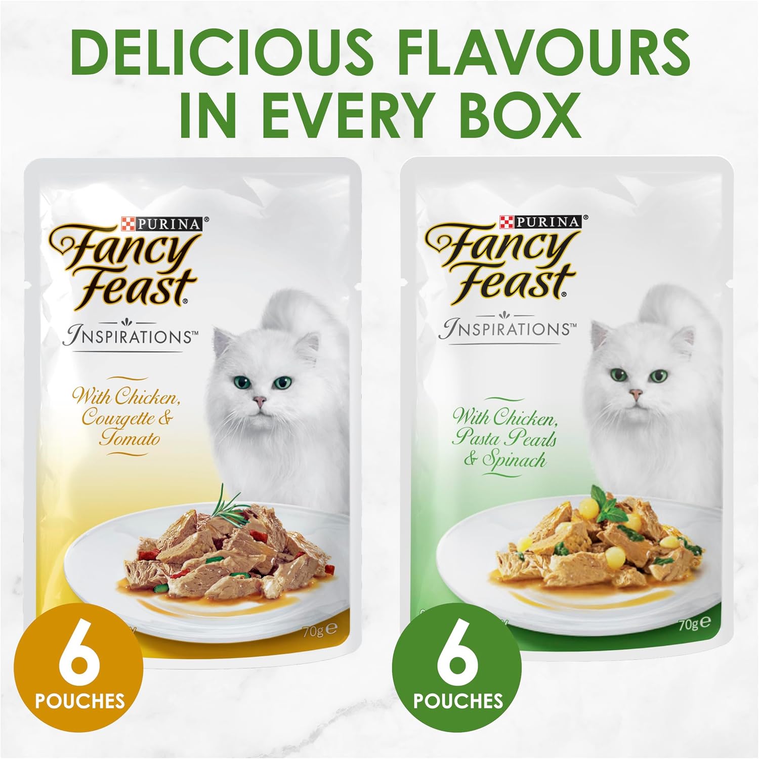 Two packages of Purina Fancy Feast cat food with text about flavors and quantity.