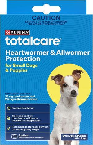 Purina Totalcare heartworm & allwormer protection packaging for small dogs and puppies at Pet Servo