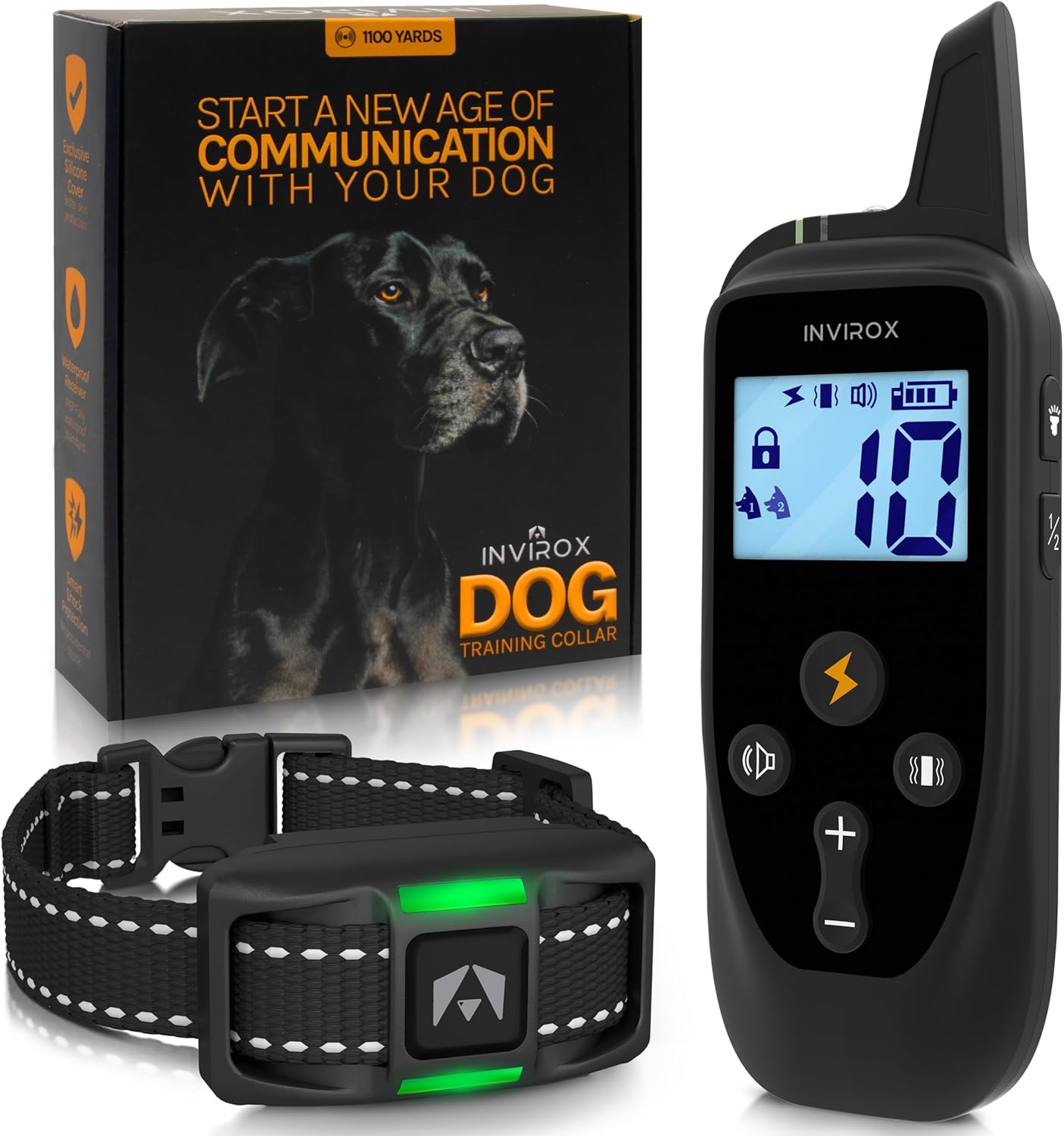 Invirox dog training collar with remote and packaging on a white background at Pet Servo