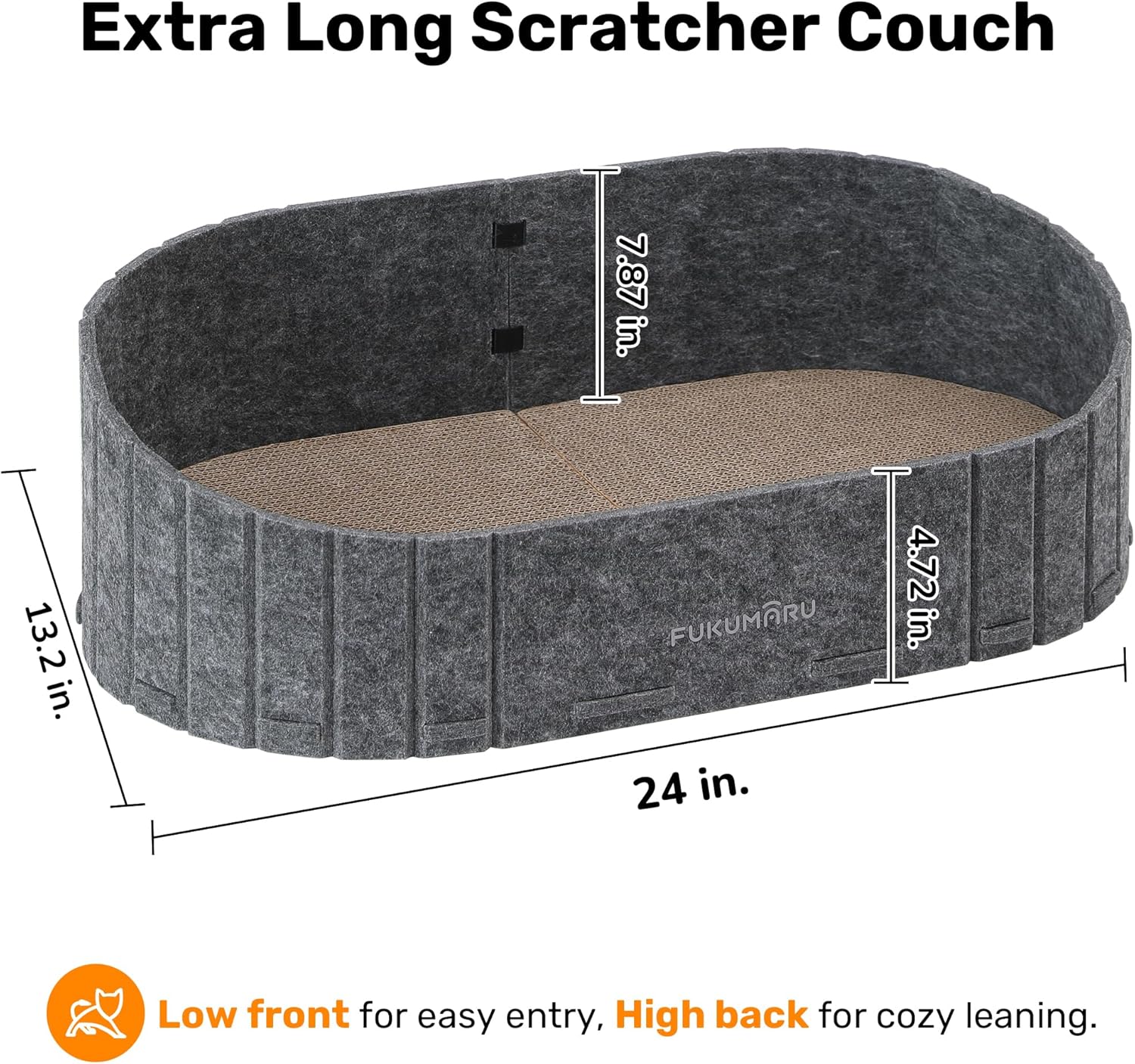Extra long scratcher couch with dimensions and features highlighted at Pet Servo