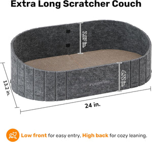 Extra long scratcher couch with dimensions and features highlighted at Pet Servo