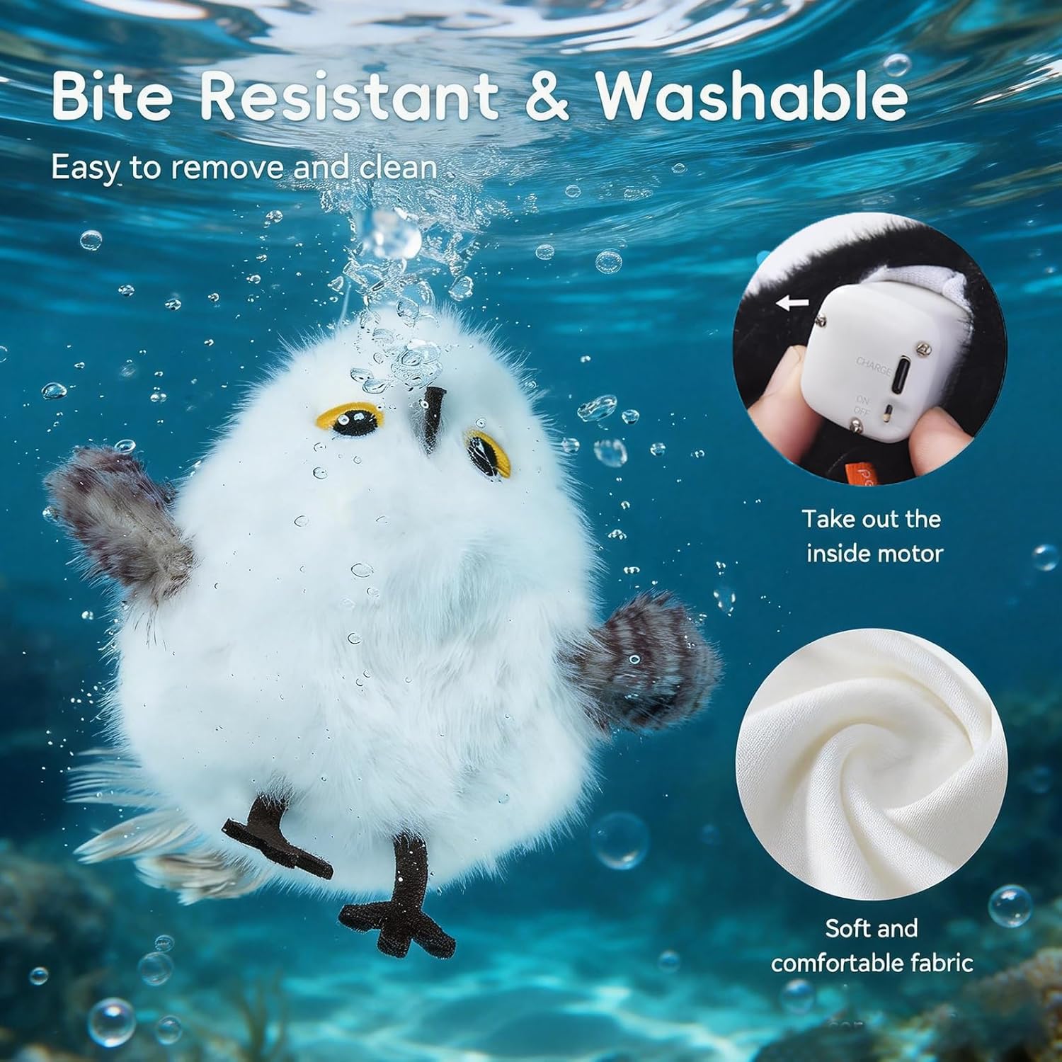 Plush toy with text about bite resistance, wash ability, and features like taking out the inside motor and soft fabric at Pet Servo