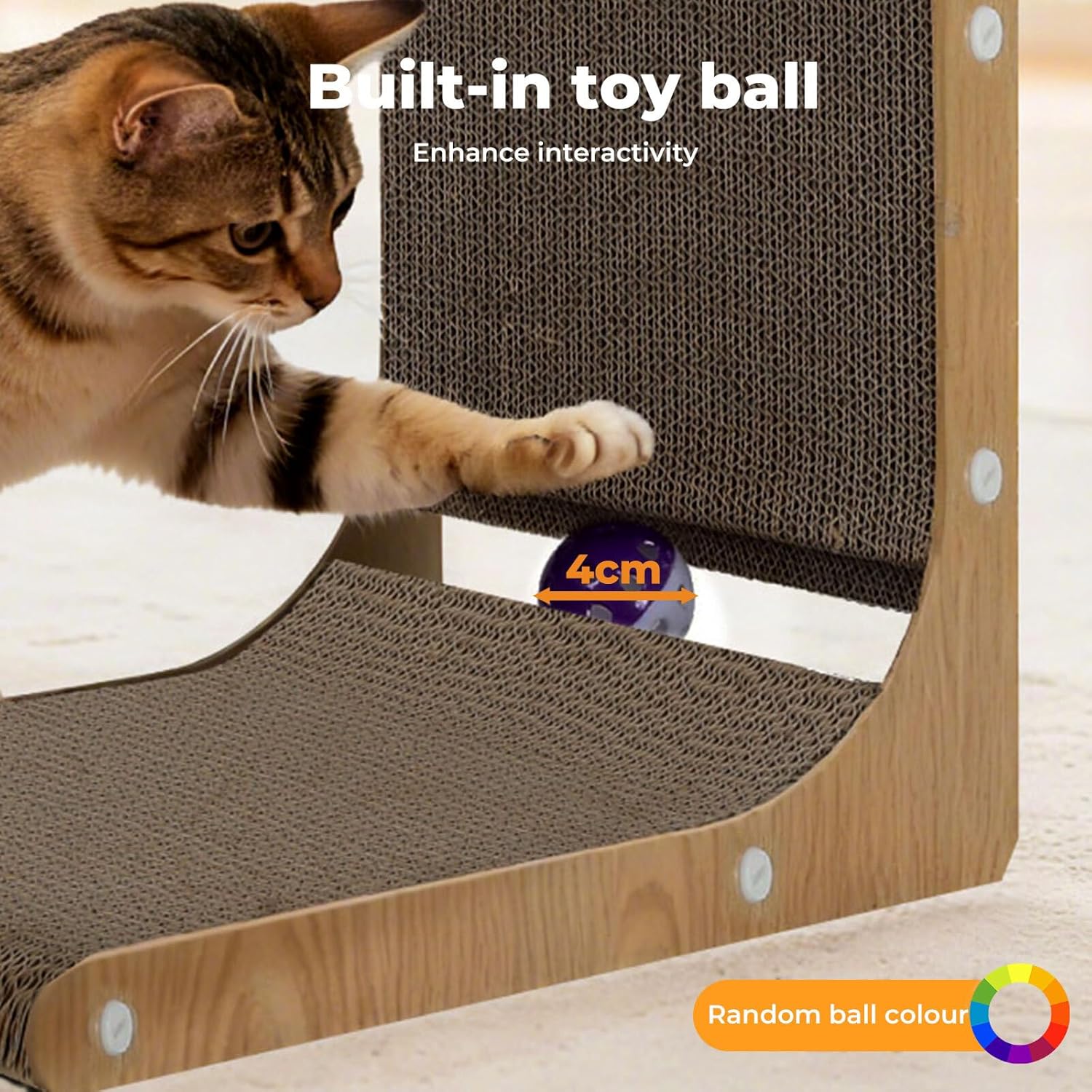 Cat playing with a built-in toy ball on a wooden scratching post at Pet Servo