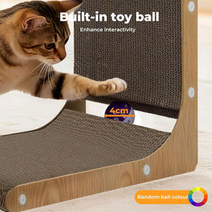 Cat playing with a built-in toy ball on a wooden scratching post at Pet Servo