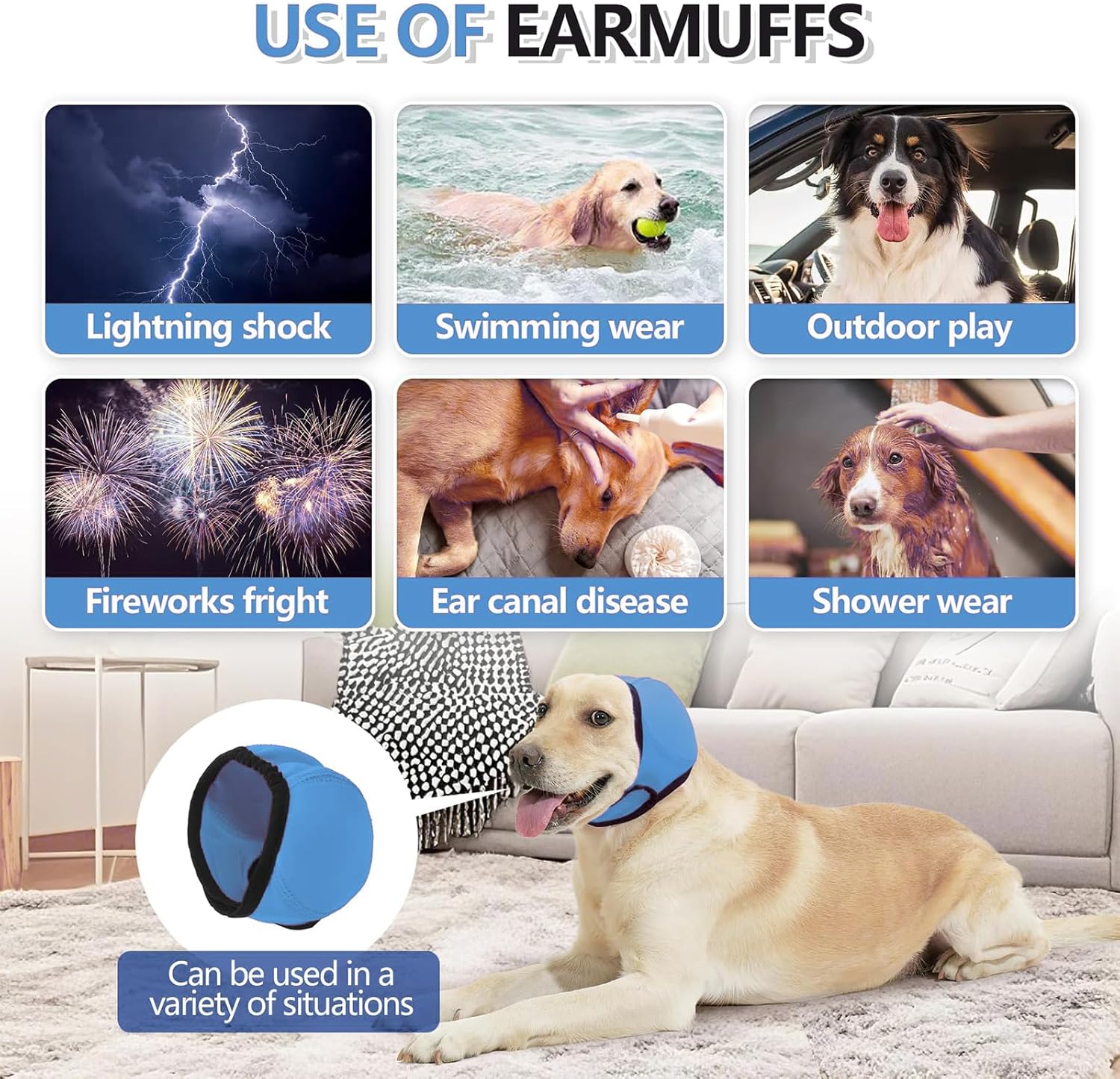 Dog wearing an earmuff with various scenarios shown above it, indicating the use of earmuffs at Pet Servo