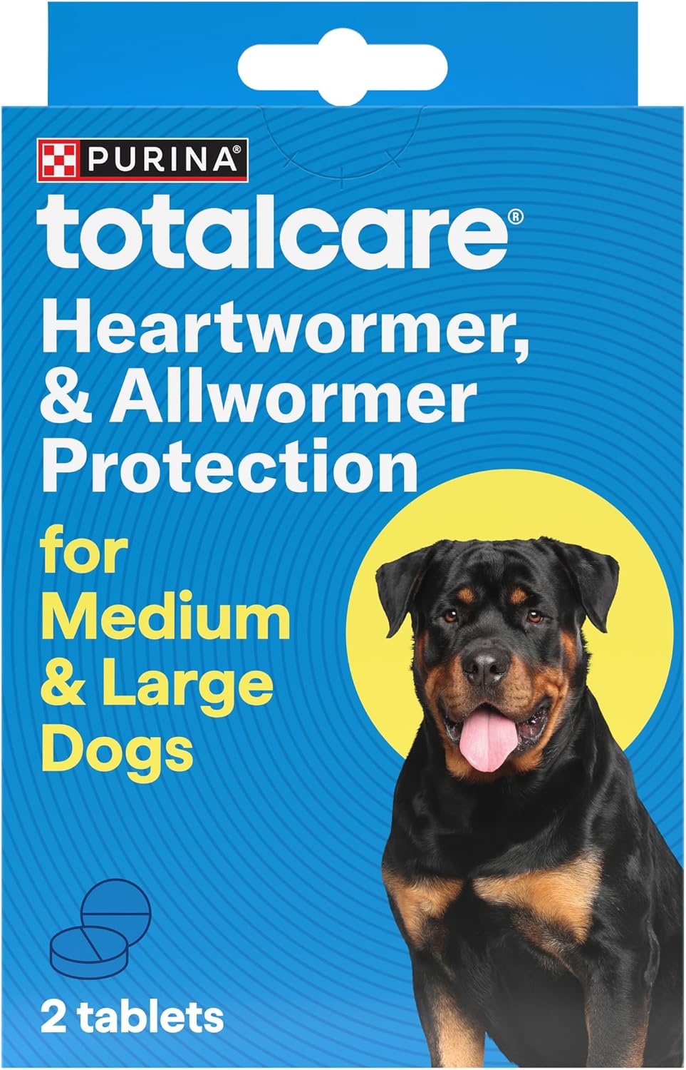 Purina Totalcare heartworm and allwormer protection packaging for medium and large dogs with a Rottweiler on a blue background at Pet Servo