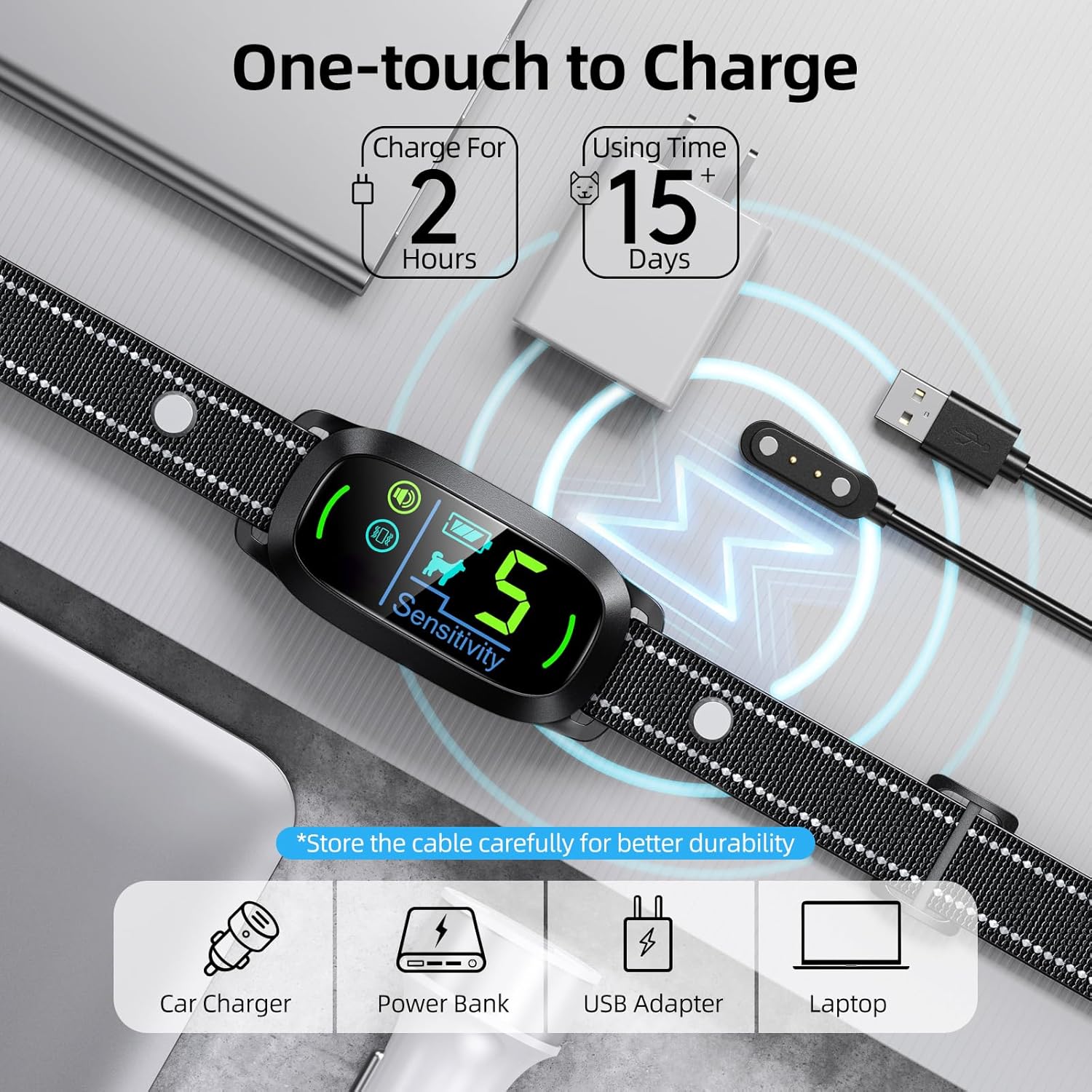 Smartwatch with charging cable on a gray background, featuring text about charging time and battery life at Pet Servo