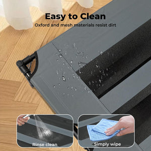 A dark gray outdoor bed frame with black mesh slats, shown on a wooden floor with text reading 'Easy to Clean' and two inset demonstration photos showing water rinsing and wiping.