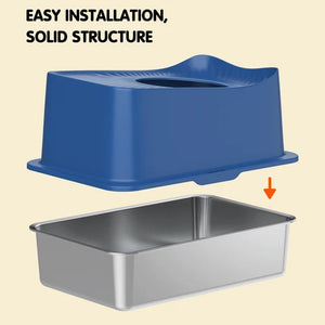 A blue plastic step stool or potty-training seat shown above a stainless-steel rectangular basin, with text reading 'EASY INSTALLATION, SOLID STRUCTURE' and an orange arrow indicating assembly at Pet Servo