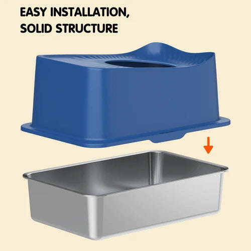 A blue plastic step stool or potty-training seat shown above a stainless-steel rectangular basin, with text reading 'EASY INSTALLATION, SOLID STRUCTURE' and an orange arrow indicating assembly at Pet Servo
