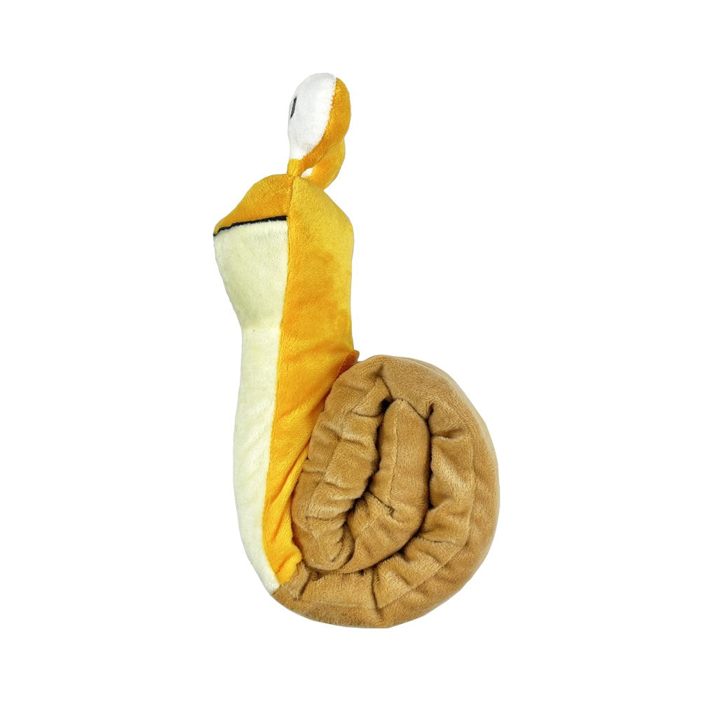 A plush snail toy with a yellow and cream body, a brown shell, and a small white eye on a plain white background at Pet Servo
