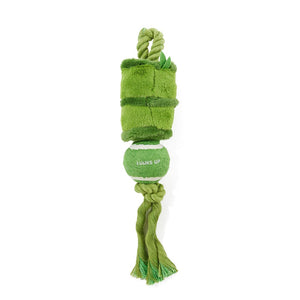 A green plush dog toy designed to look like a tennis ball with a rope handle and tail, featuring the text 'LOVE UP' on the front, set against a plain white background at Pet Servo