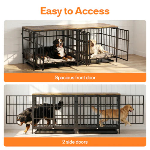 Dog crate with spacious front door and two side doors, featuring two dogs inside at Pet Servo
