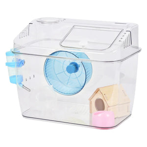 Clear hamster cage with blue wheel, wooden house, and pink tunnel on a white background