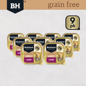Packaging of Black Hawk grain-free dog food with 9-pack indication on a light gray background