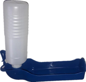 Blue plastic water dish with a white bottle attached on a white background at Pet Servo