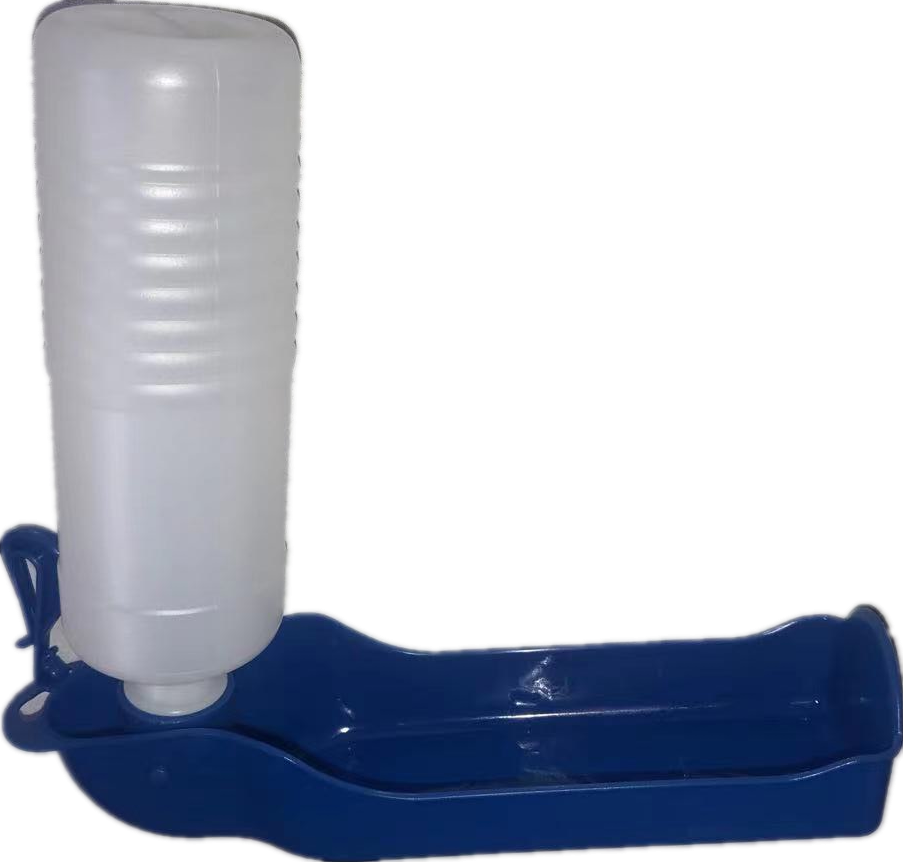 Blue plastic water dish with a white bottle attached on a white background at Pet Servo